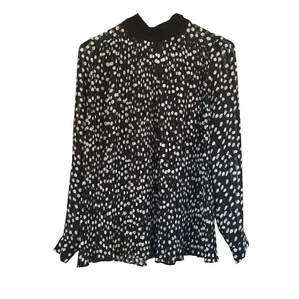 Zara Black & White Polka Dot High Neck Pleated Plisse Long Sleeve Blouse XS